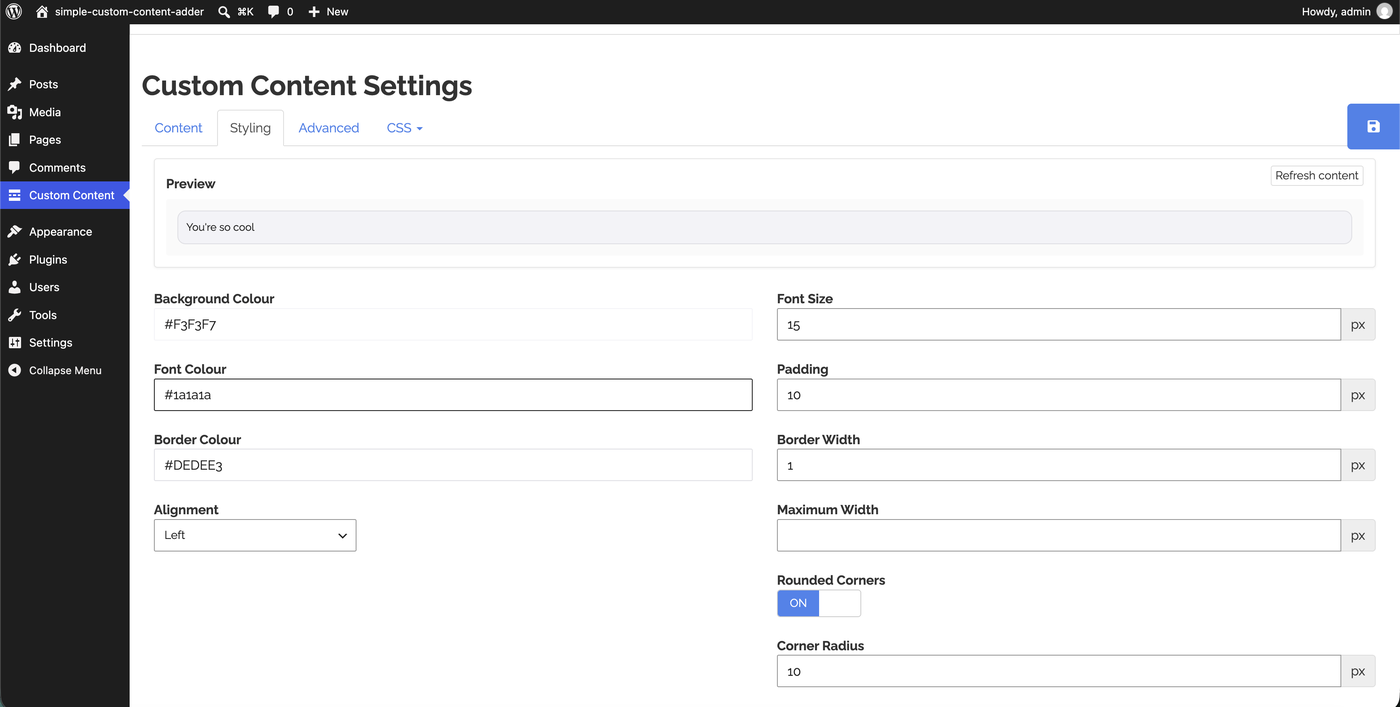 The Simple Custom Content Adder styling panel with a live preview