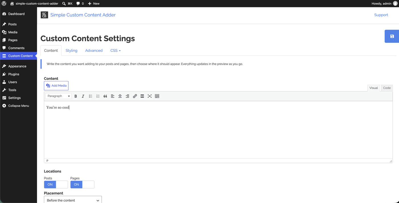 The Simple Custom Content Adder settings screen